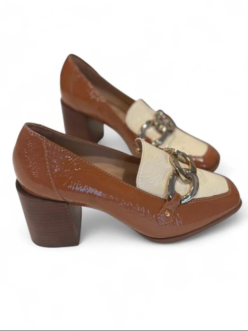 ANTONIO MELANI Brown and Cream Patent Loafers with Chain Detail
